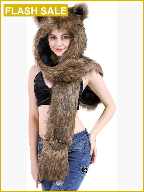 3-in-1 Faux Fur Animal Hood Hat Scarf Gloves Set Winter Warm Unisex main image 7